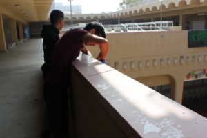 Senior President Danny Newman hangs a Homecoming banner over the second floor patio. Photo by: LUCAS HARWARD