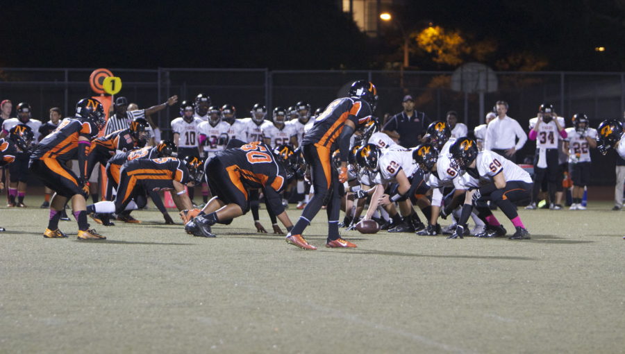 The defensive line prepares to rush the South Pasadena offense.