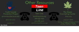 The resources available if one is looking to report any suicidal behavior of peers, or seeking help for personal issues. 