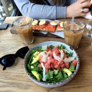 Ahi Tuna and Comte salad and the Salmon Tartine paired with La Colombe iced coffee.