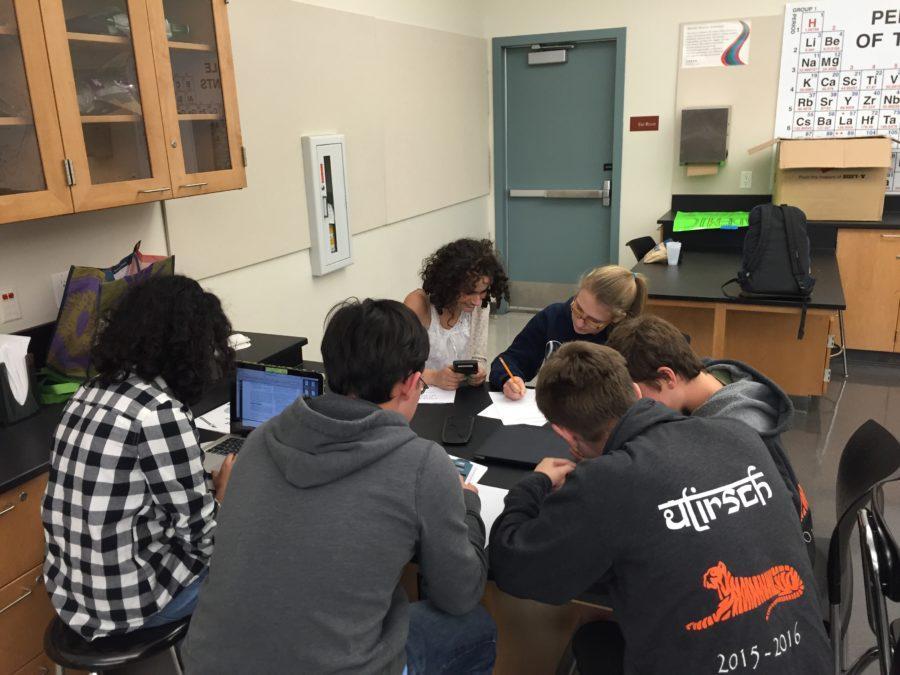 Students study and quiz each other on the various study topics after school one day before their scrimmage. From left to right: junior Nandini Murali, junior Sam Schwartz, junior Grace DeLee, senior Aleks Recupero, senior Jonathan Gunn, and junior Jeremy Segal.