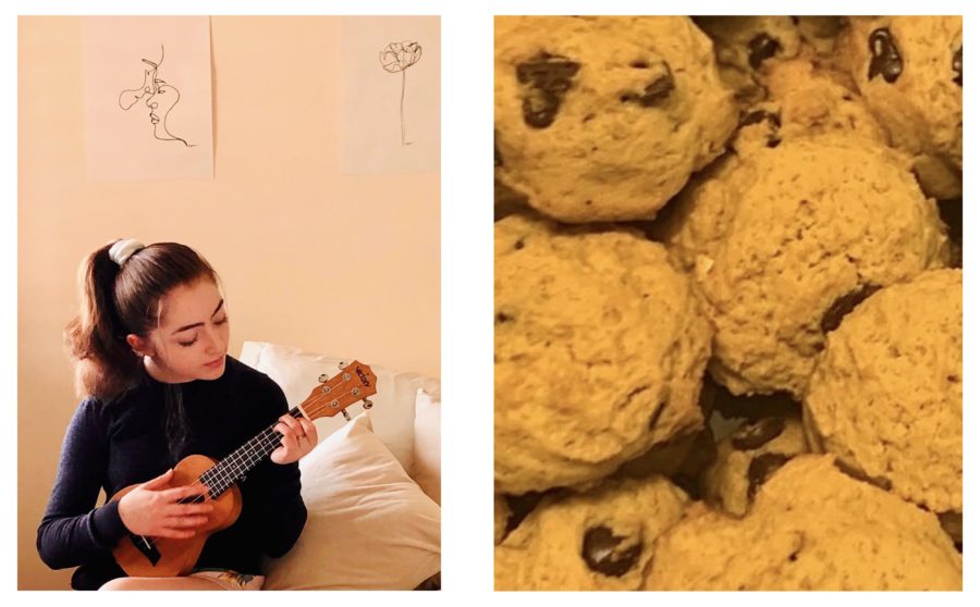 Leia Gluckman plays ukulele with her drawings in the background (left). Photo courtesy of Leia Gluckman. Jenna Weisss cookies (right). Photo courtesy of Jenna Weiss.