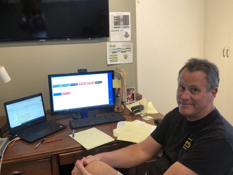 History teacher Pete Van Rossum creates a workspace while he works from home due to Covid-19 restrictions. Photo courtesy of Pete Van Rossum