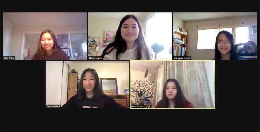 Members of the club Our AAPI Voices discuss the recent increase of anti-Asian attacks. Pictured from left to right: junior Tina Yang, junior Chloe Levine, sophomore Margaret Huynh, junior Temmie Park, and junior Jennifer Li. Photo courtesy of Chloe Levine. 