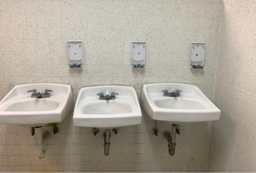 Soaps are taken away from the dispensers in the boys bathroom. The TikTok trend, “Devious Licks” has turned into an extensive national phenomenon which encourages students to vandalize and steal property from their school.
Photo by: Ryo Miyake
