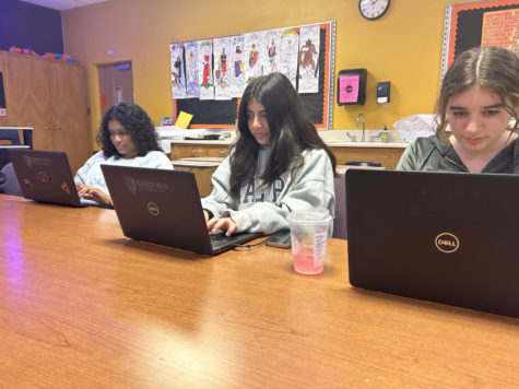 (Pictured from left to right) freshmen Hallema Bakhda, Mia Taylor and sophomore Kaia Lopez study for their  classes.