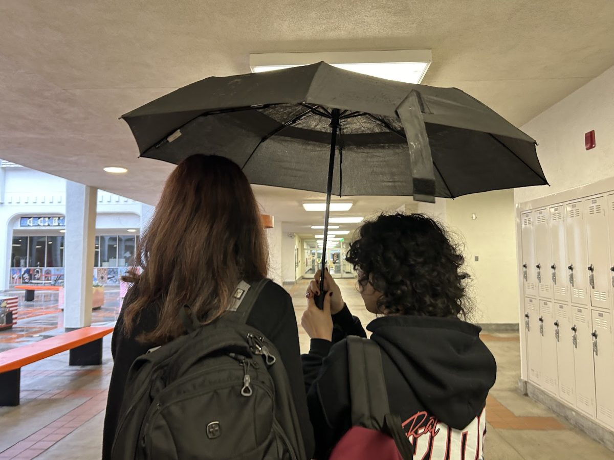 Junior Sophia Diamond and sophomore Ashley Lavi take cover from the rain.
