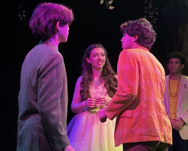 Students Hayden Radonsky, Benji Maman and Jayden Bim-Merie act out their roles as Hermia, Lysander and Egeus from A Midsummer Night’s Dream.
