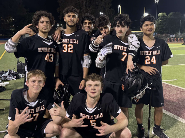 Noah Cohn-17, Kyle Neman-32, Dara Momeni-10 , Leo Feldman-5, Eliyahu Fard-13 , Steven Carmona 43, Matt Flores 24, Nate Schwartz-7 after their last game of the season. Photo taken by Jurnee Williams.