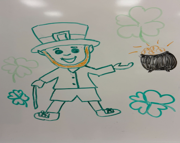 A drawing of a leprechaun on St. Patrick's Day.